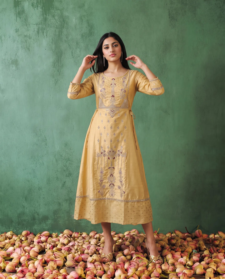 Yellow Embriodered Silk Blended Maxi Dress