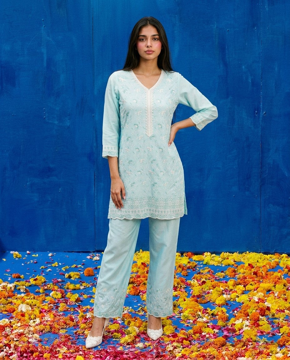 Sky Blue Embriodered Cotton Satin Co-Ord Set