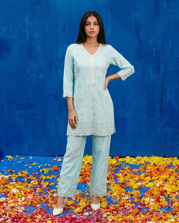 Sky Blue Embriodered Cotton Satin Co-Ord Set