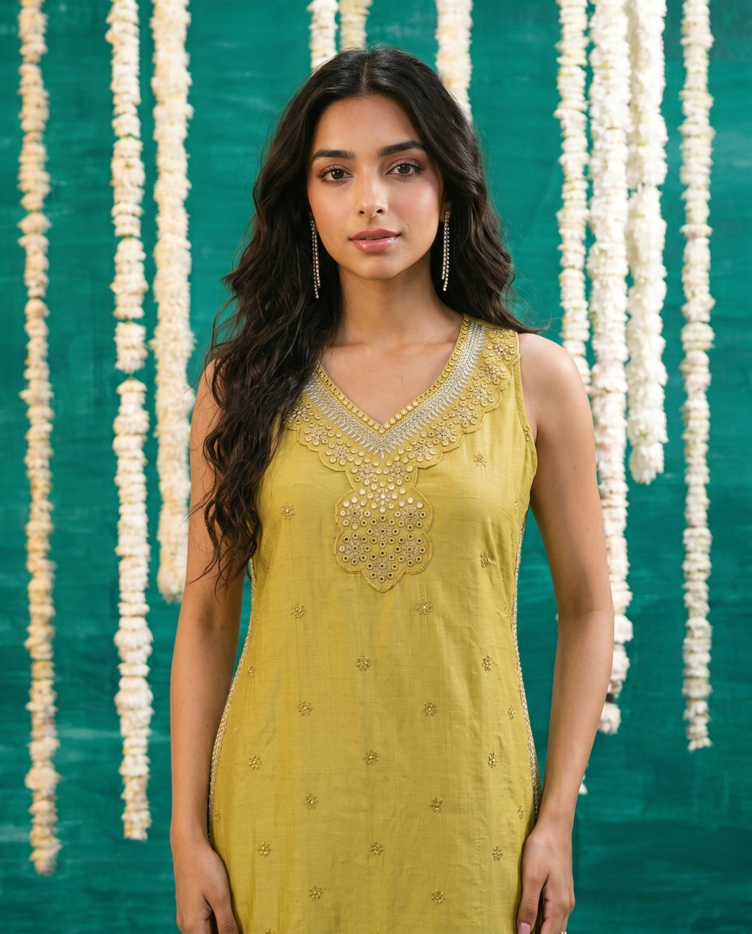 Yellow Embroidered Viscose Blended Straight cut Long Kurta