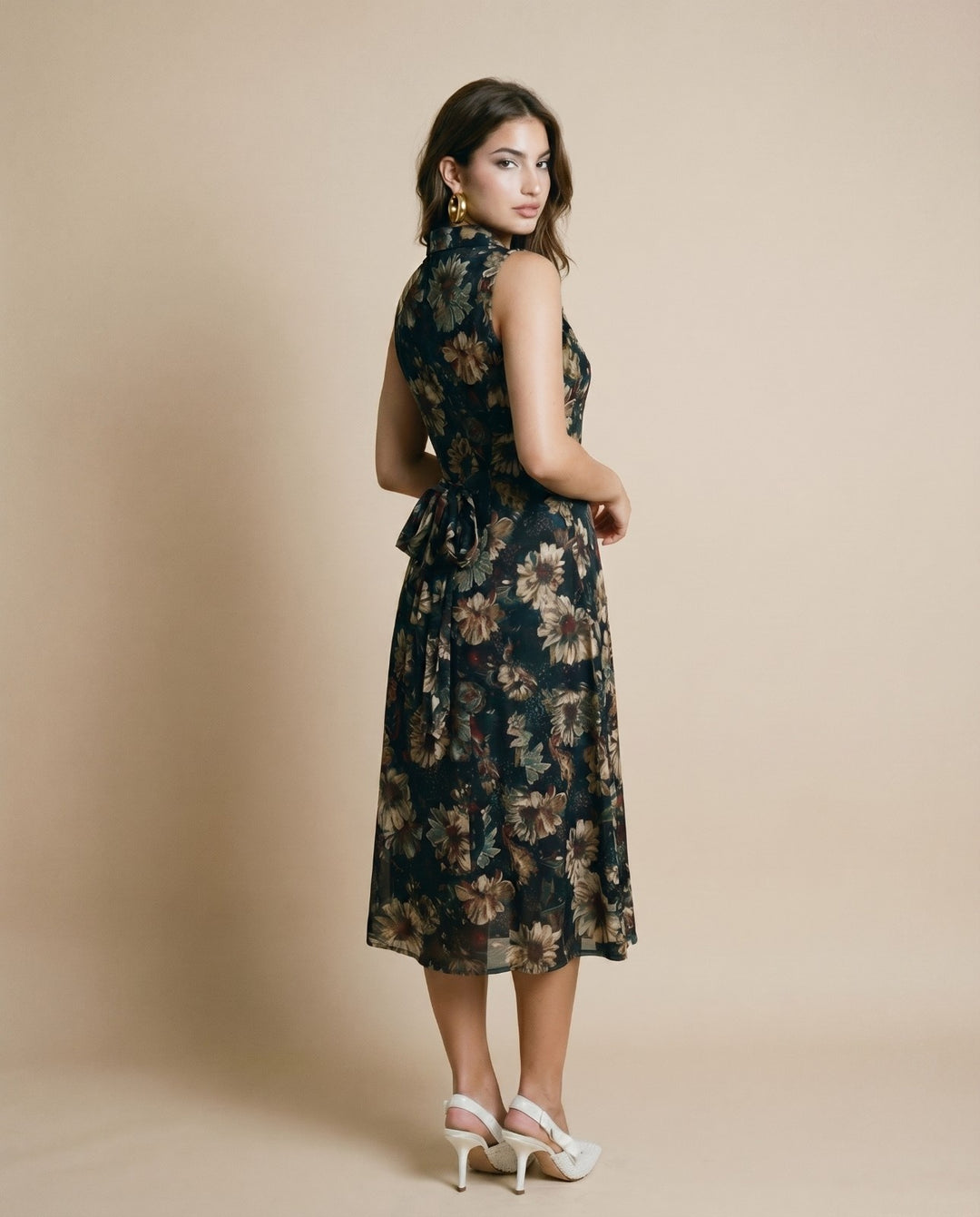 Forest Green Printed Viscose Blended Midi Dress