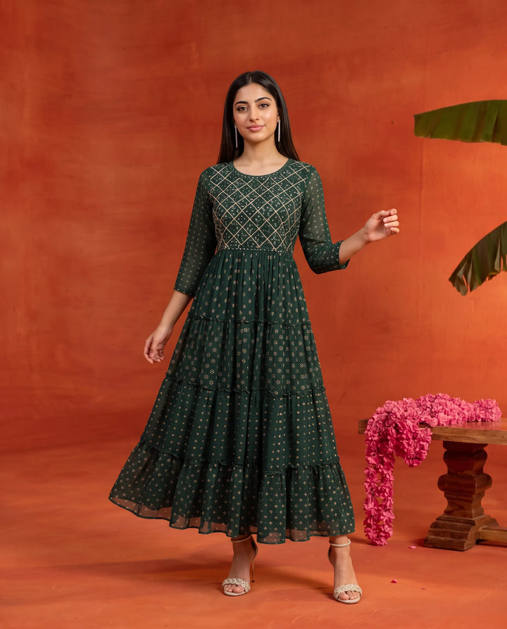 Bottle Green Embriodered Georgette Maxi Dress