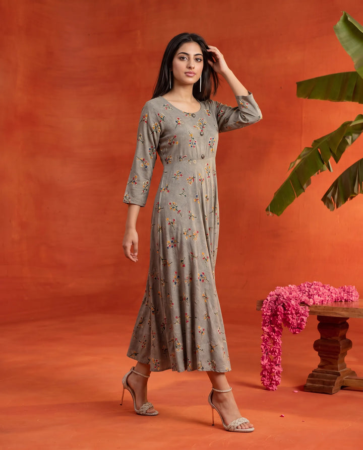 Grey Printed Rayon Maxi Dress