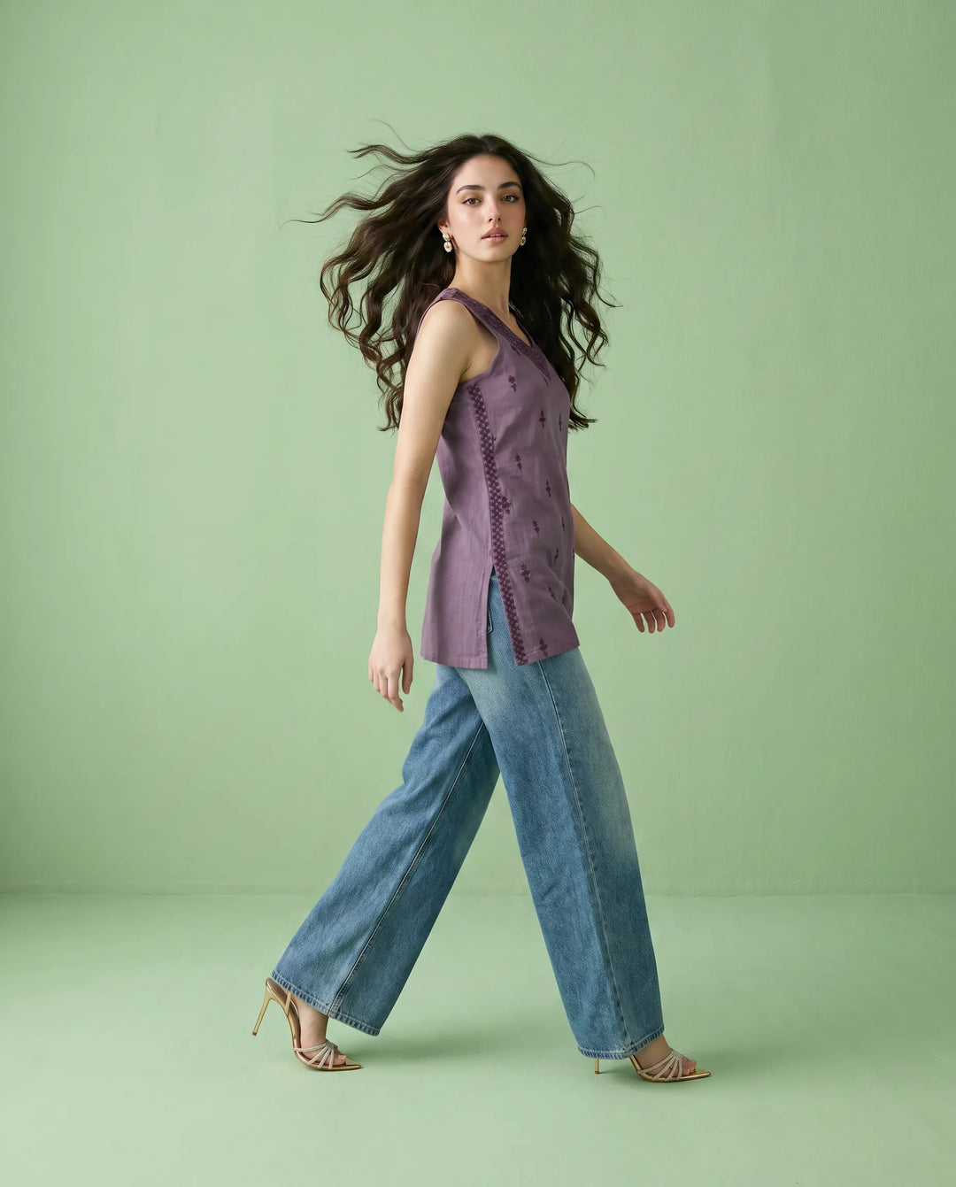 Purple Embroidered Cotton Blended Sleeveless Short Kurti