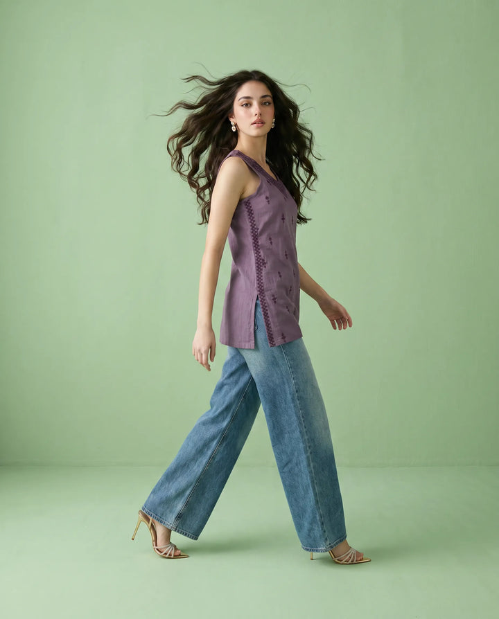 Purple Embroidered Cotton Blended Sleeveless Short Kurti