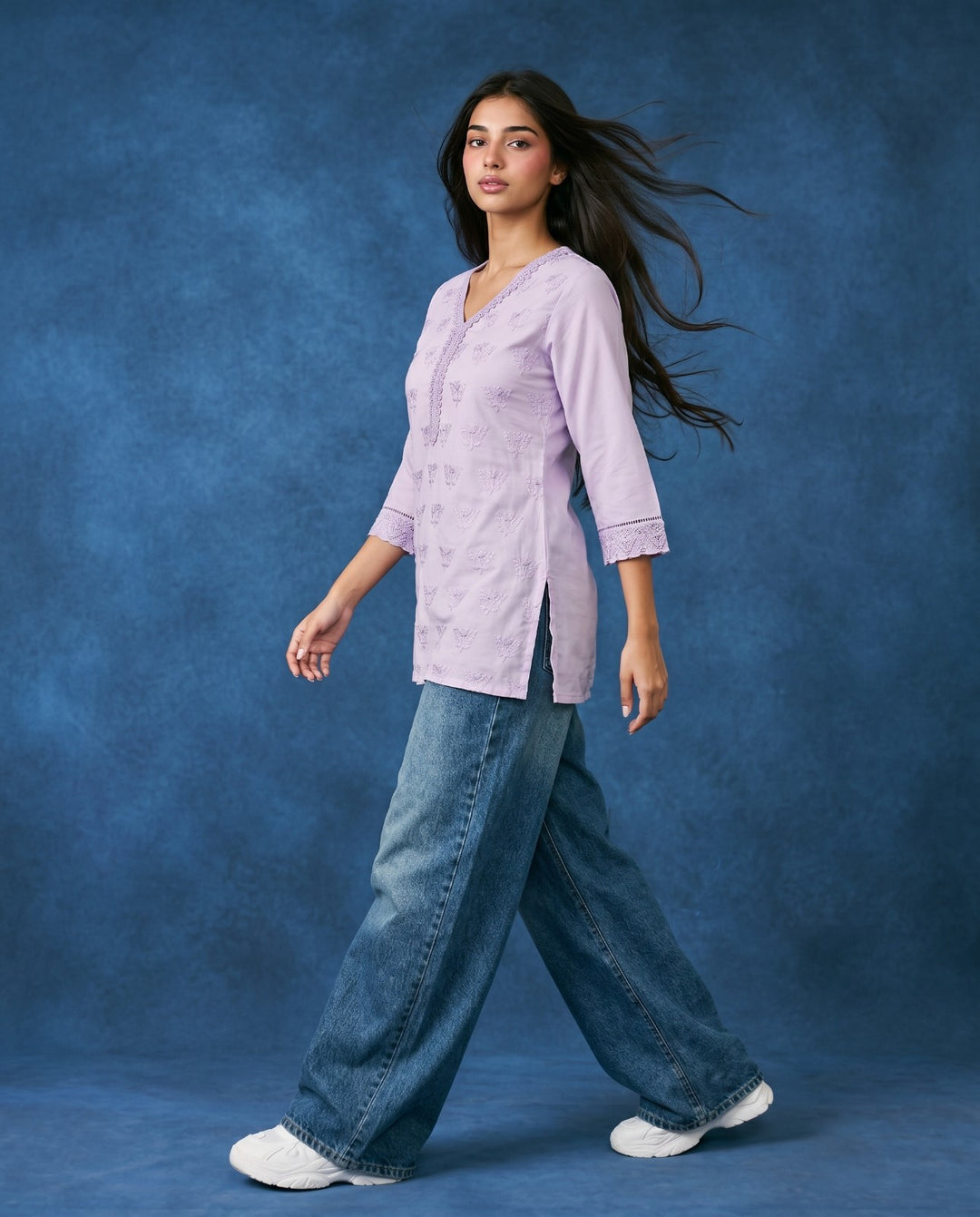 Lavender Embriodered Cotton Short Kurti