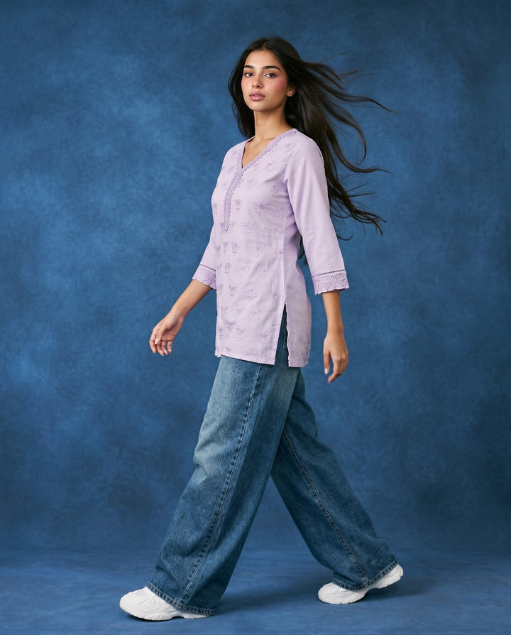 Lavender Embriodered Cotton Short Kurti