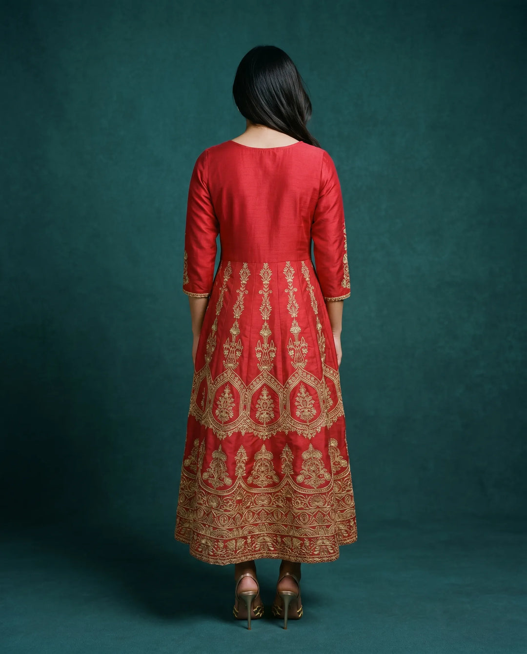 Red Embriodered Silk Blended Maxi Dress