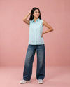 Sky Blue Solid Cotton Satin Sleeveless Top