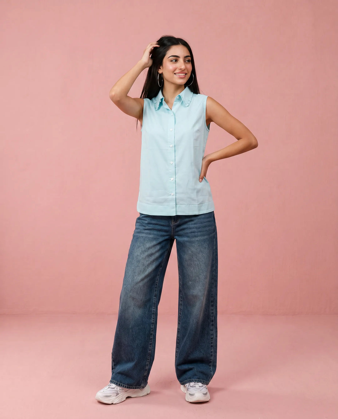 Sky Blue Solid Cotton Satin Sleeveless Top
