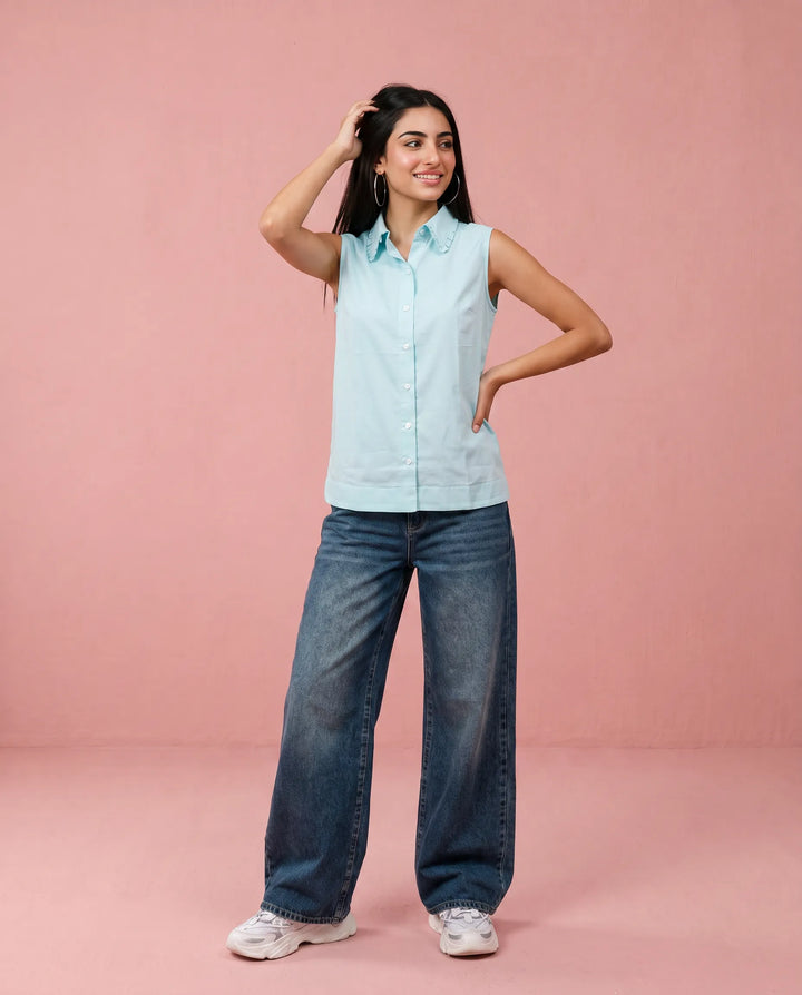 Sky Blue Solid Cotton Satin Sleeveless Top