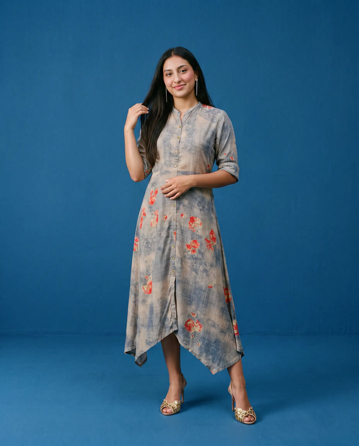 Grey Printed Rayon Maxi Dress
