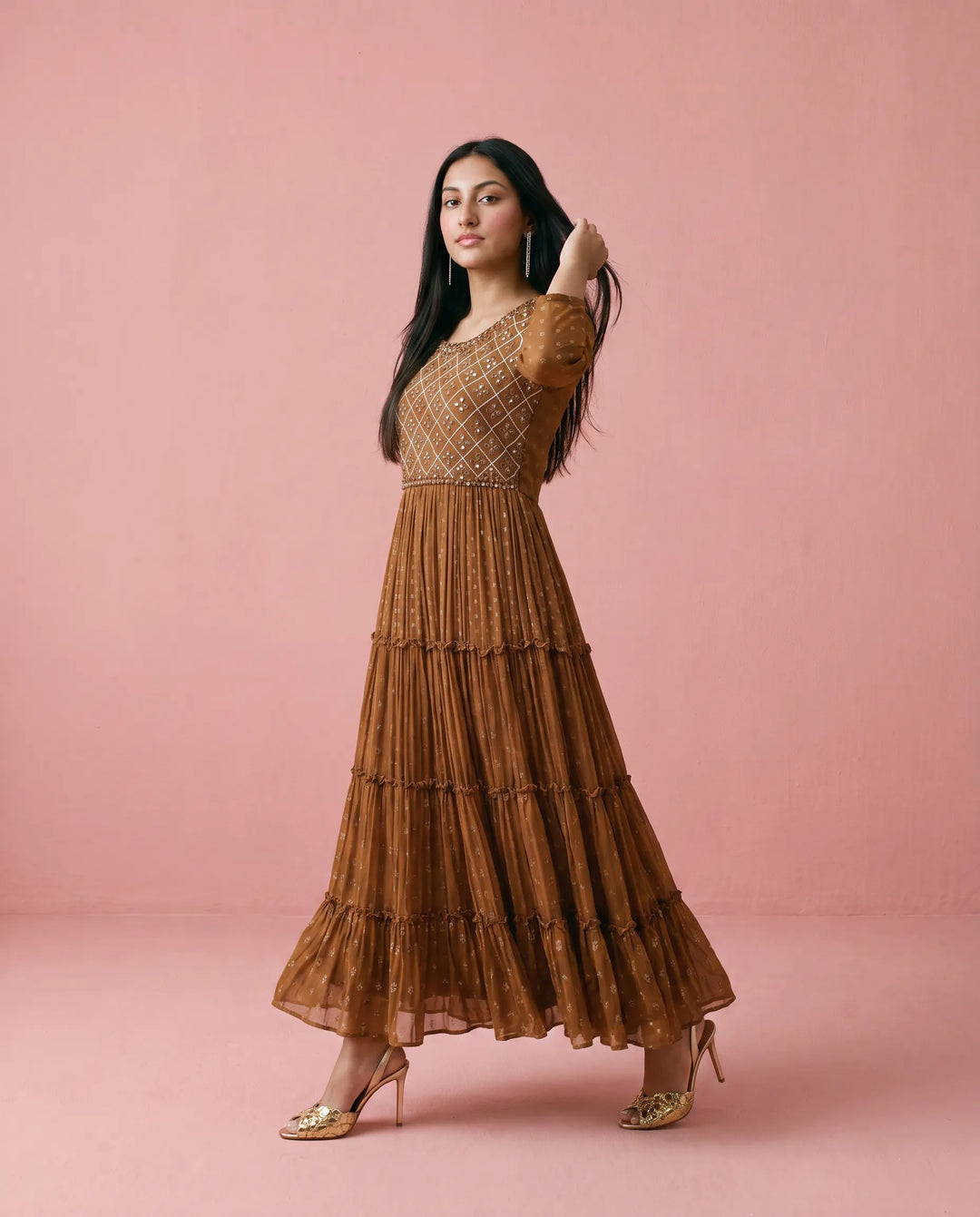 Brown Embriodered Georgette Maxi Dress