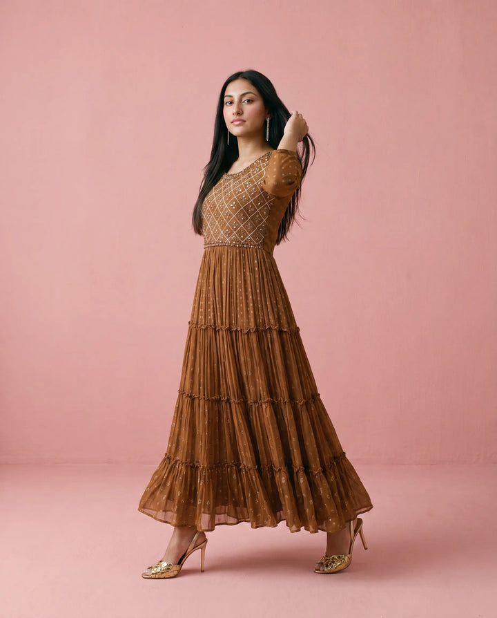 Brown Embriodered Georgette Maxi Dress