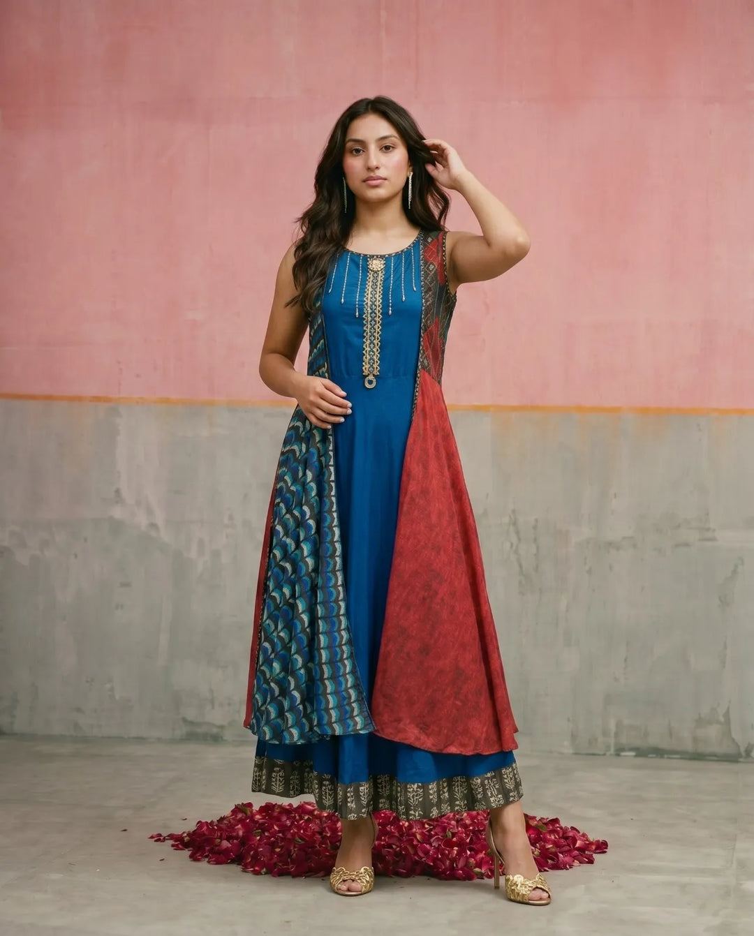 Navy Embriodered Rayon Sleeveless Maxi Dress