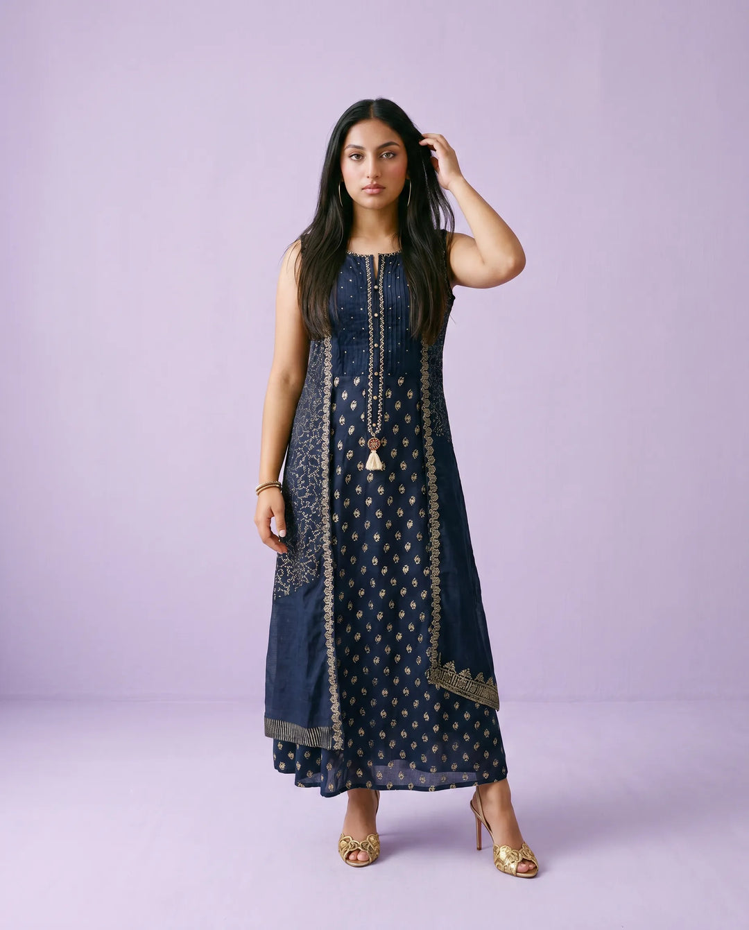 Navy Printed Rayon Sleeveless Maxi Dress