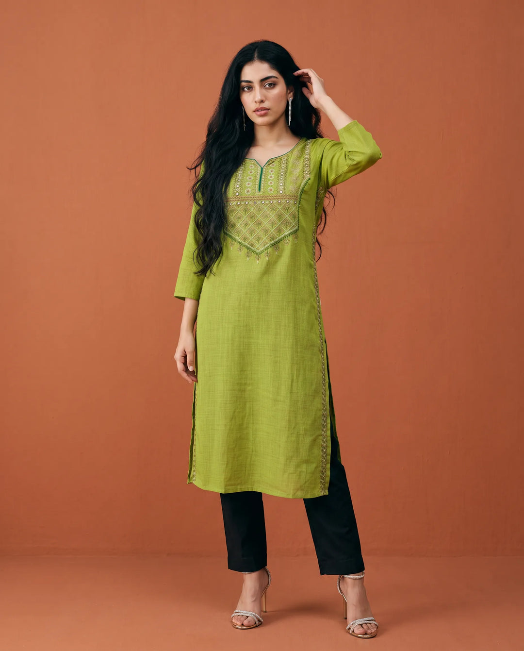 Green Embroidered Cotton Straight cut Long Kurta