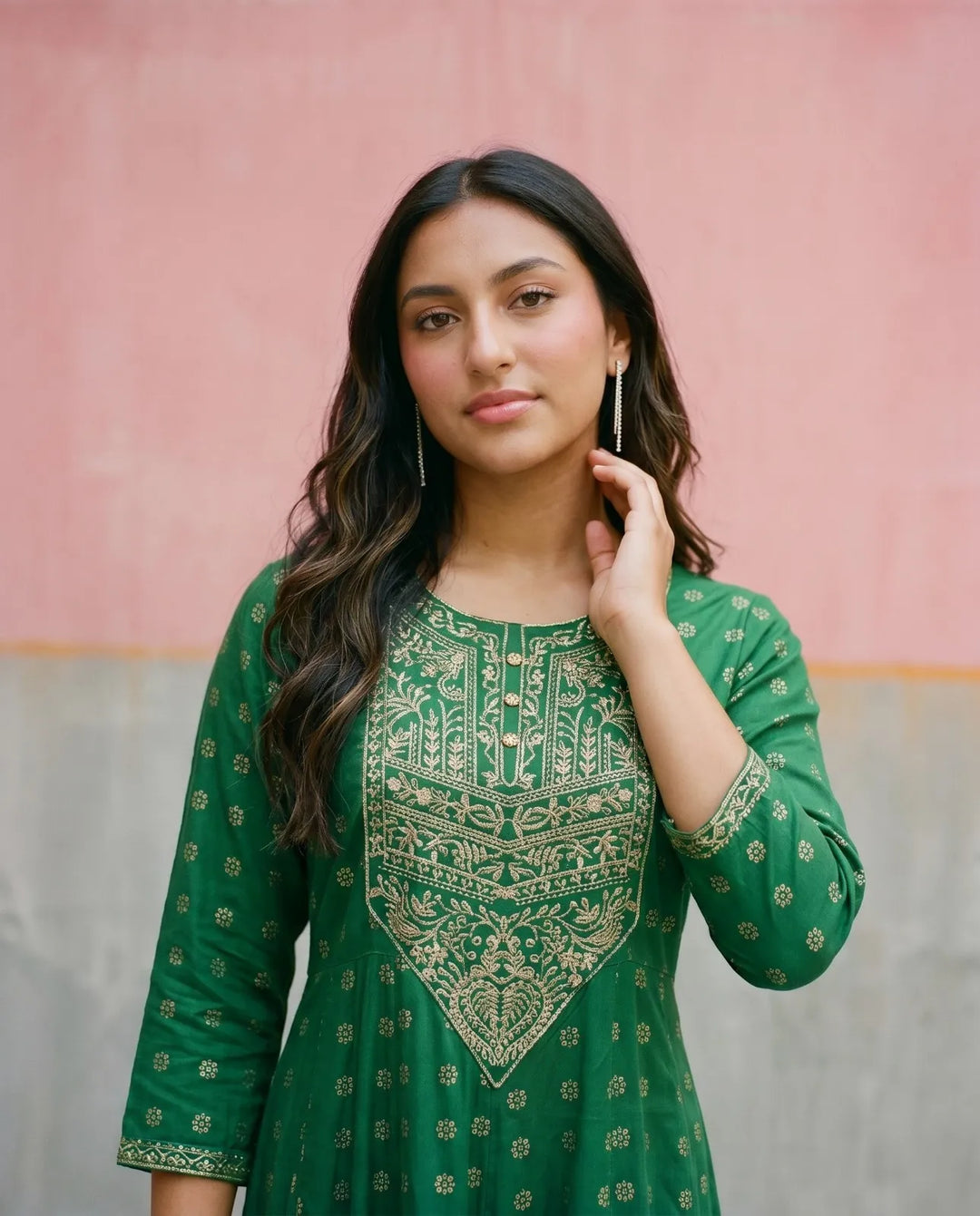 Green Embriodered Rayon Maxi Dress