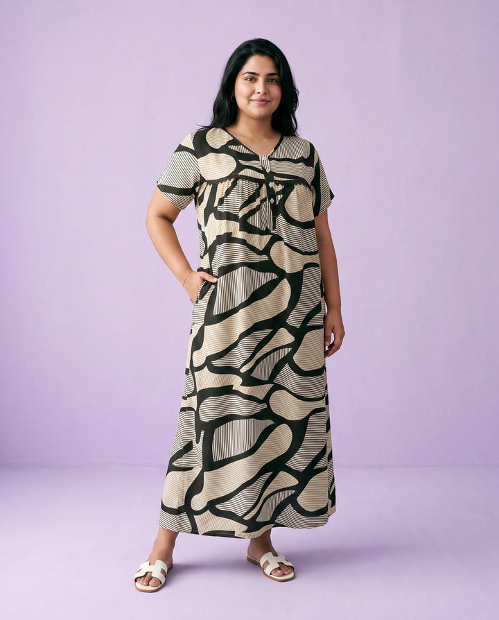 Black Printed Super Soft Rayon Night Dress / Home Wear