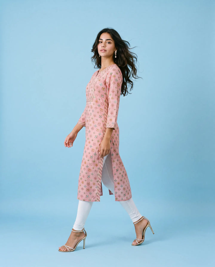 Pink Printed Viscose Blended Straight cut Long Kurta