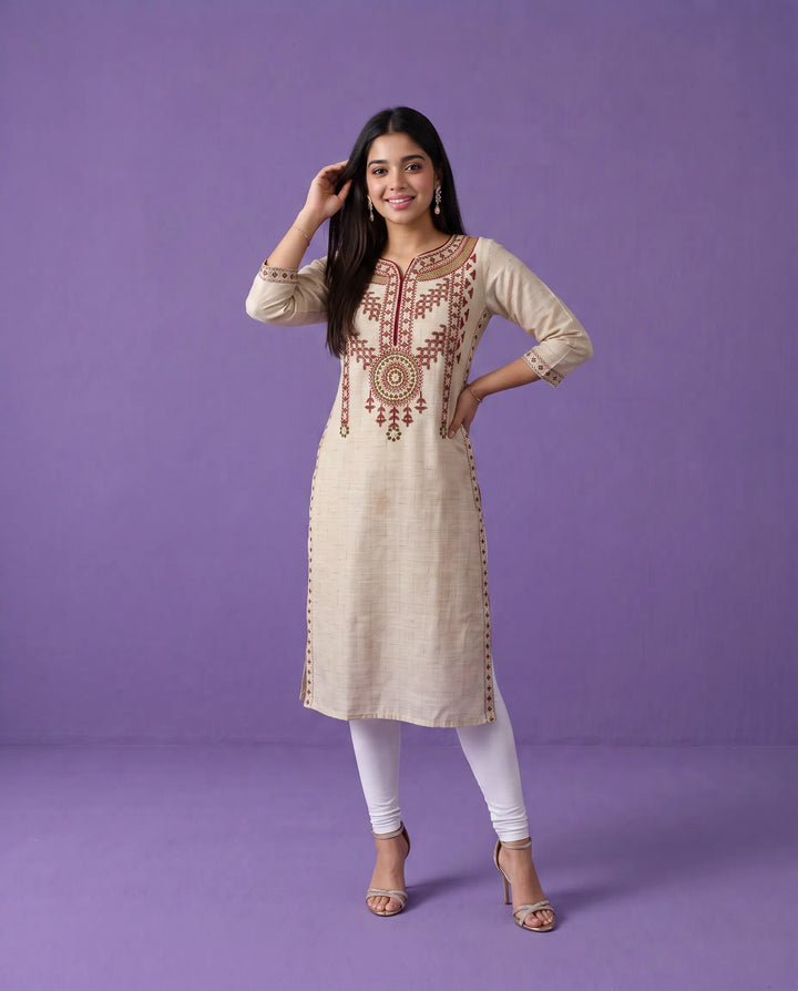 Beige Embroidered Cotton Straight cut Long Kurta