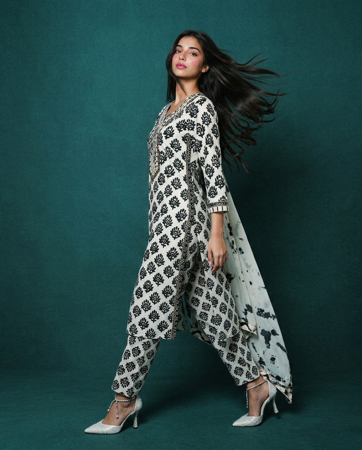 White Printed Cotton Kurta Bottom Dupatta Set