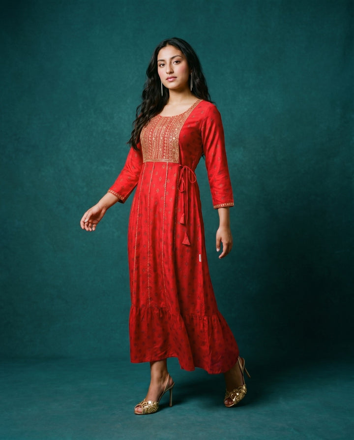 Red Embriodered Rayon Maxi Dress
