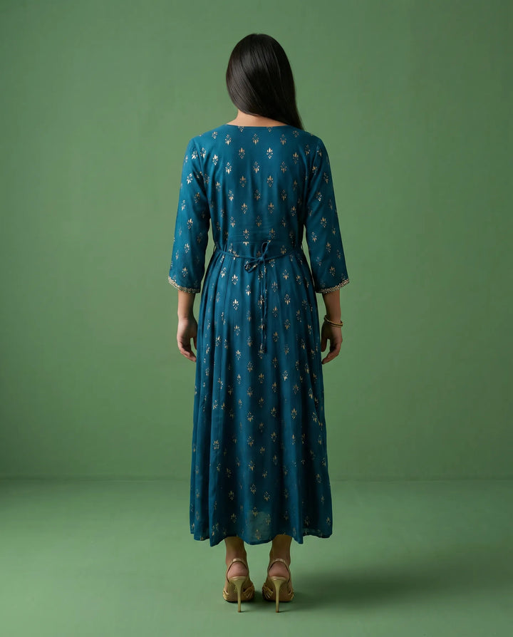 Blue Embriodered Rayon Maxi Dress