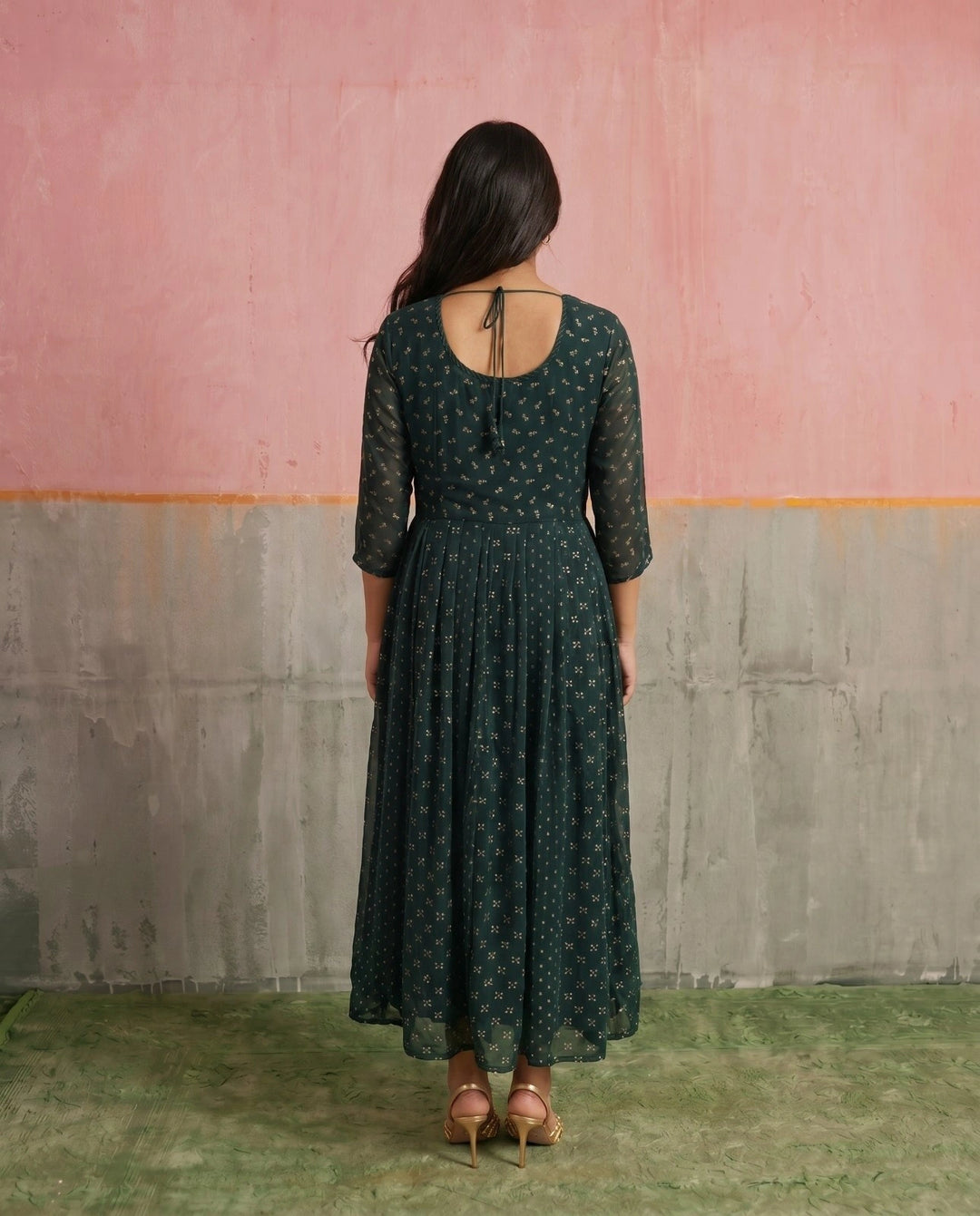 Bottle Green Printed Georgette Maxi Dress