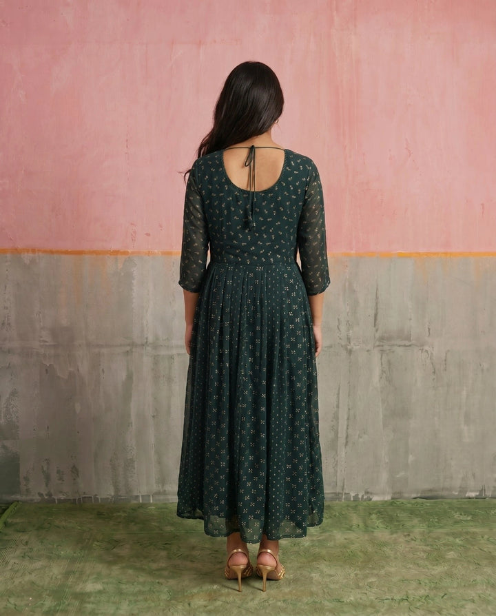 Bottle Green Printed Georgette Maxi Dress