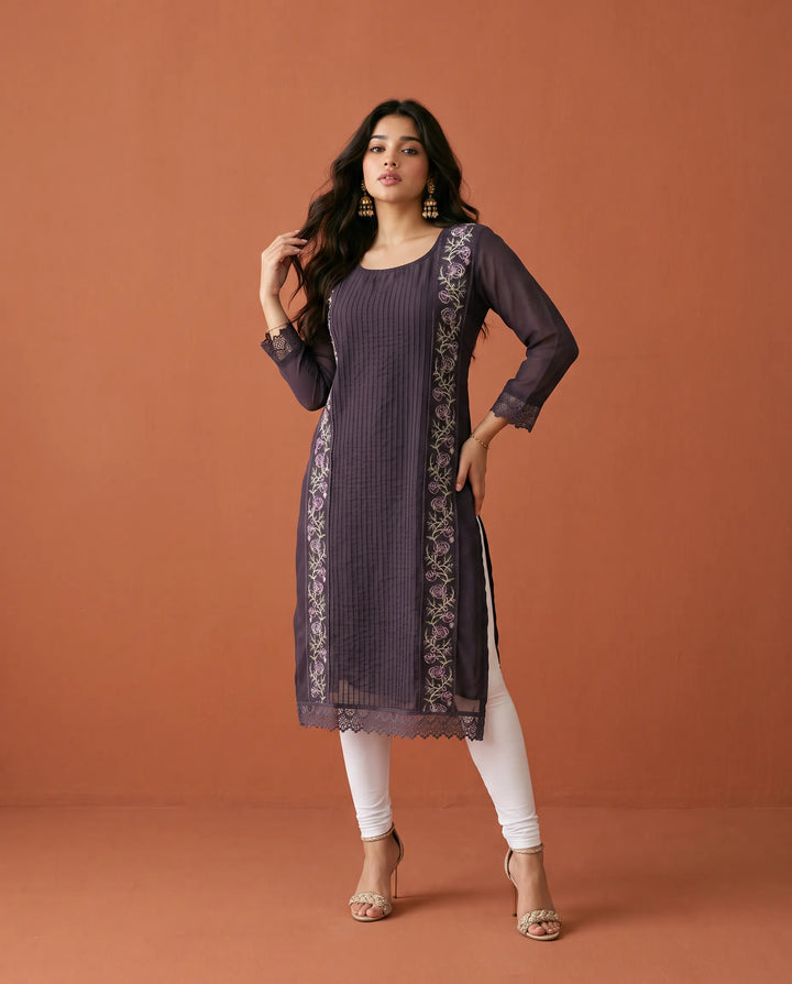Purple Embroidered Georgette Straight cut Long Kurta