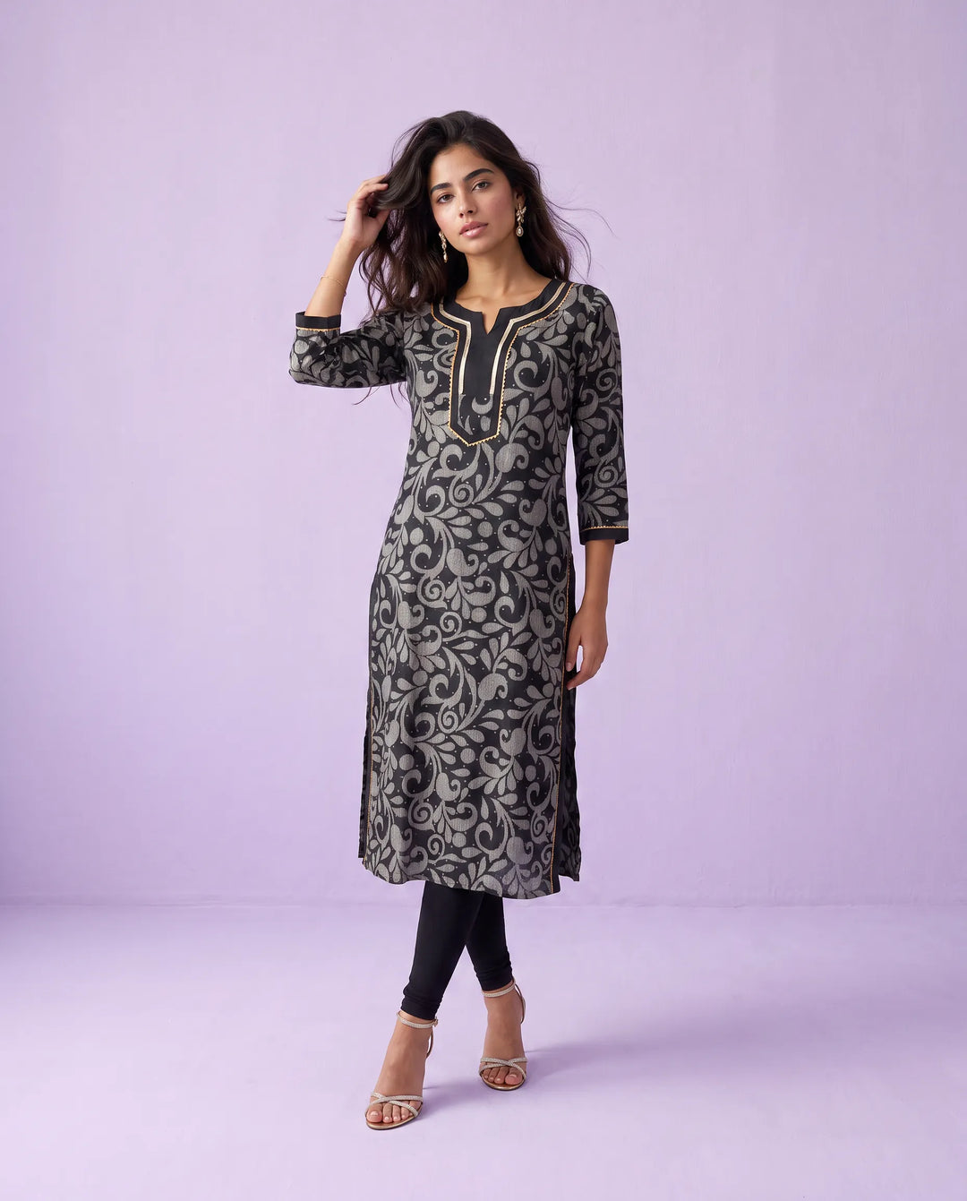Black Printed Viscose Blended Straight cut Long Kurta