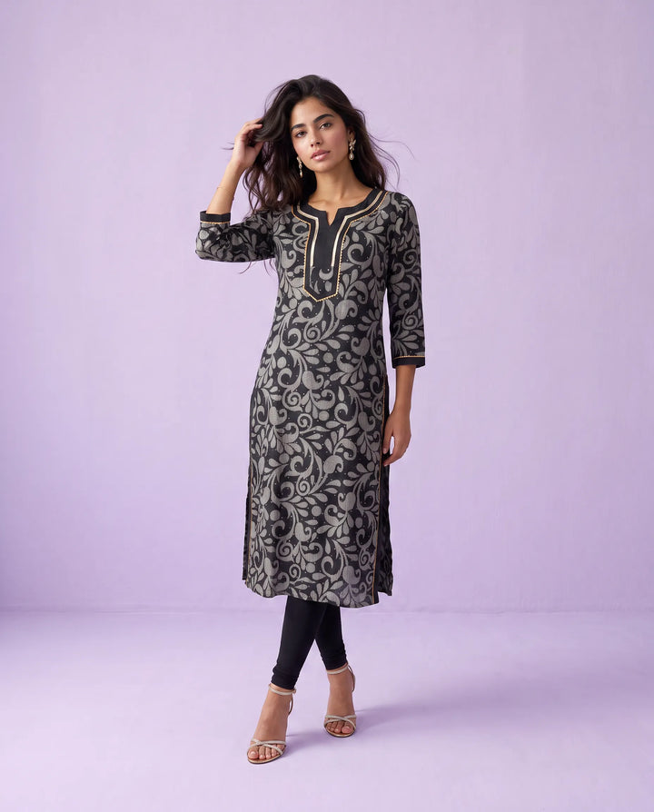 Black Printed Viscose Blended Straight cut Long Kurta