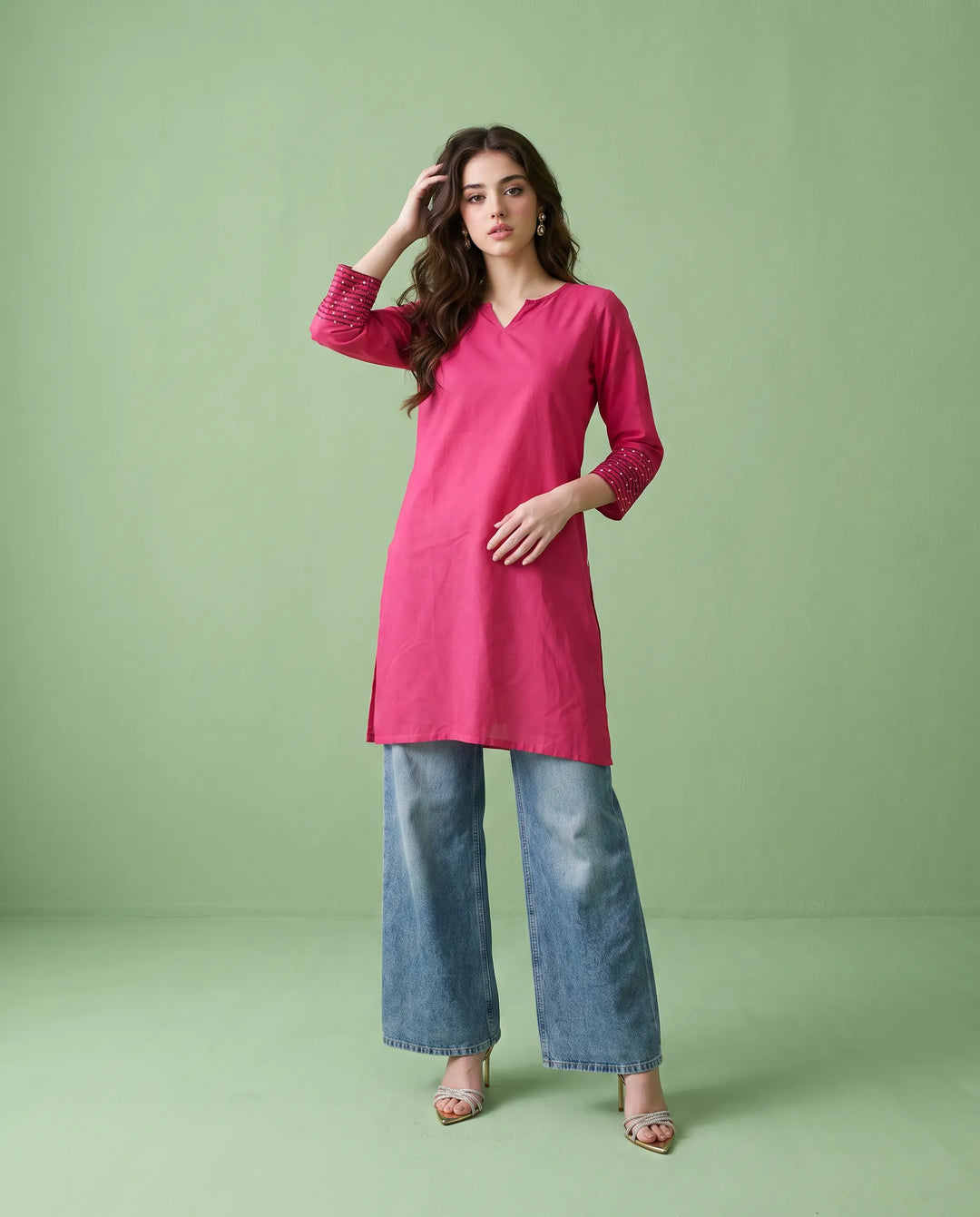 Magenta Embroidered Cotton Short Kurti