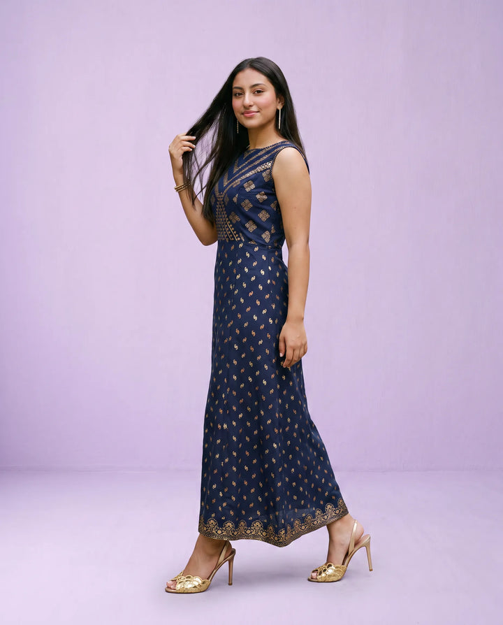 Navy Printed Rayon Sleeveless Maxi Dress