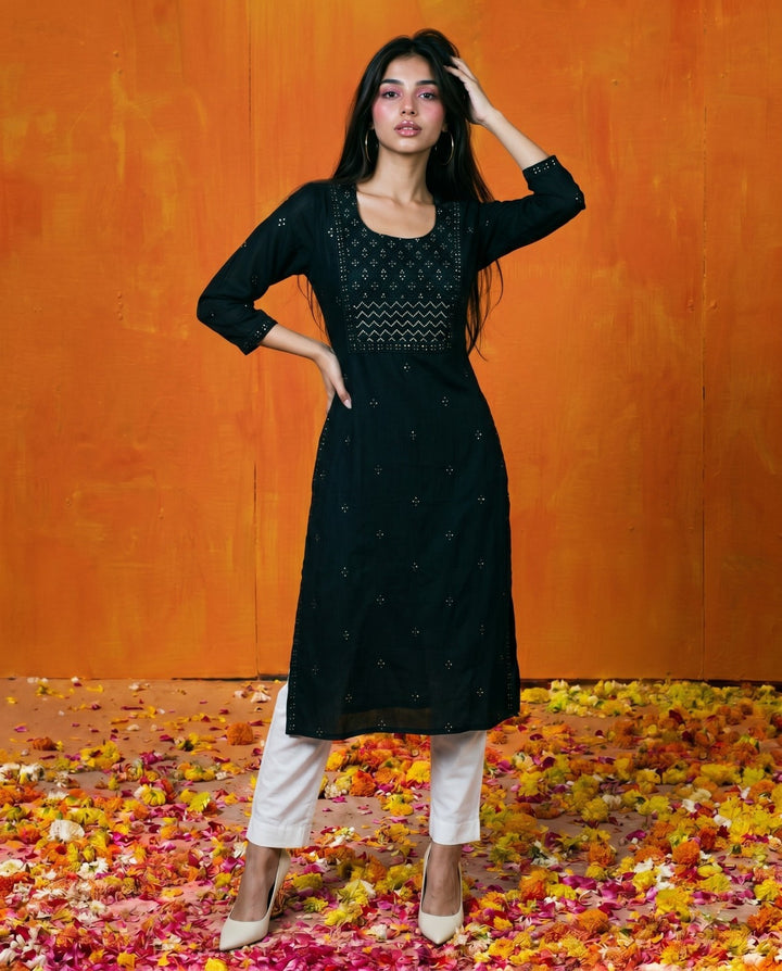 Black Embroidered Viscose Blended Straight cut Long Kurta