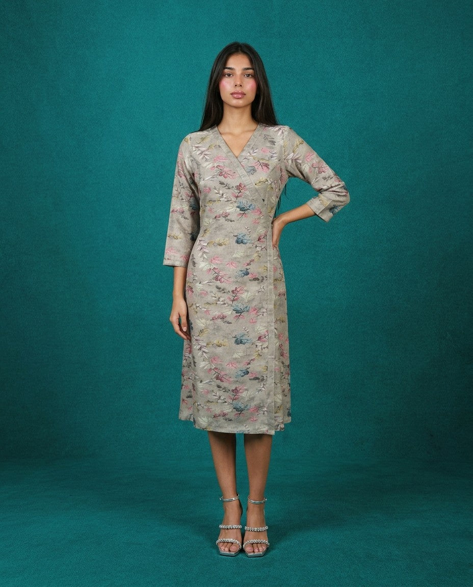 Grey Printed Viscose Blended Midi Dress