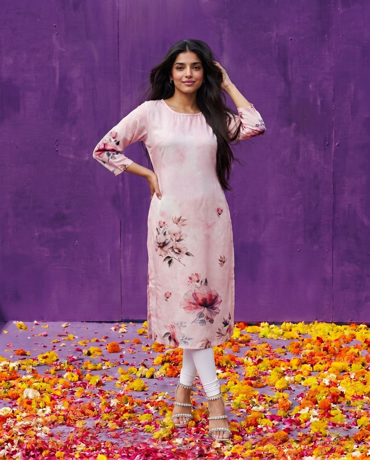 Pink Printed Crepe Silk Straight cut Long Kurta