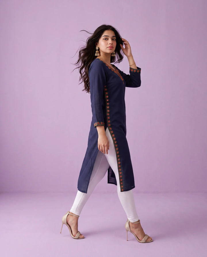 Navy Embroidered Rayon Straight cut Long Kurta