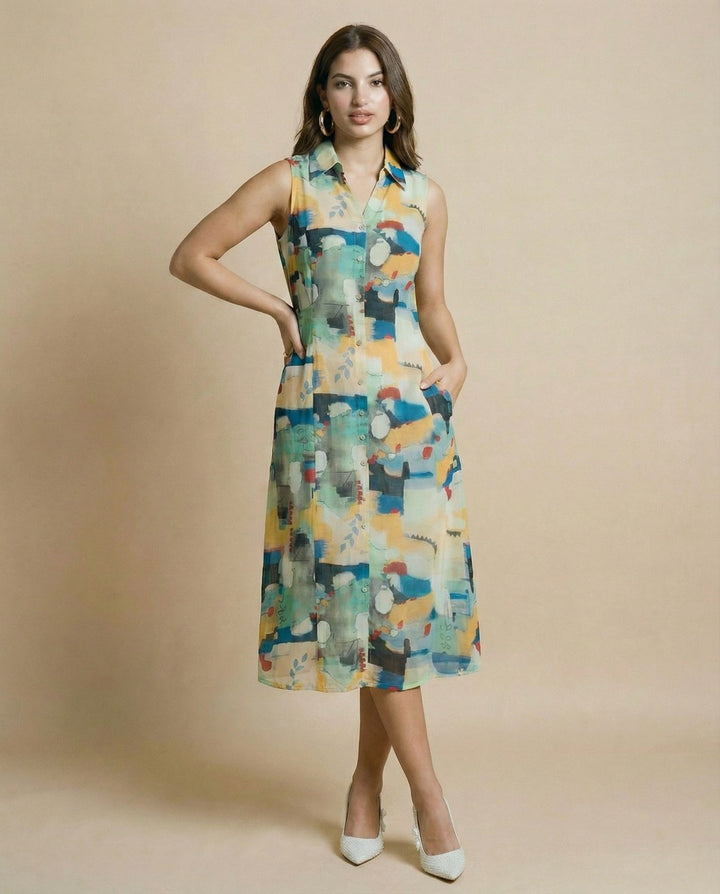 Multi-colour Printed Cotton Blended Midi Dress