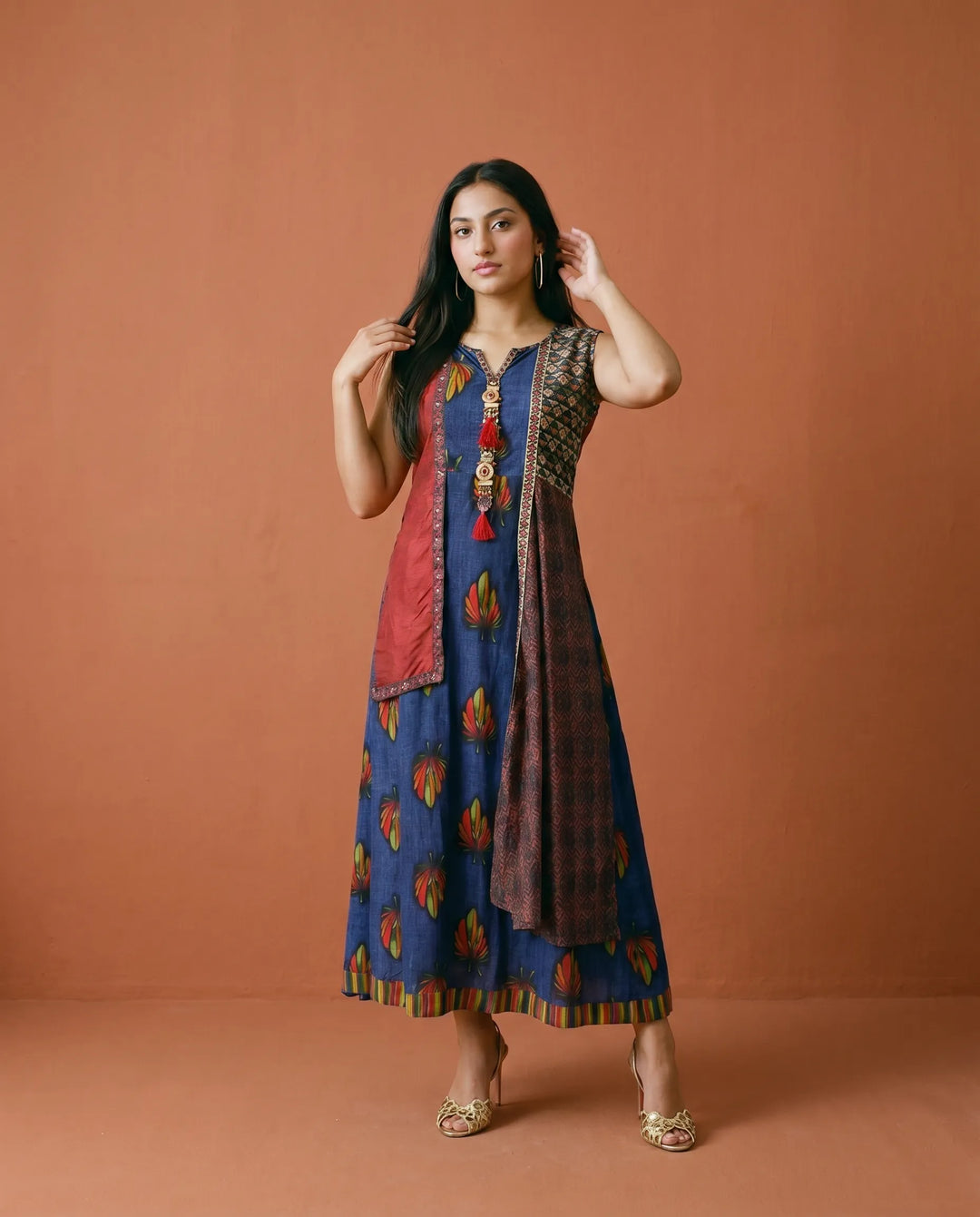 Navy Printed Rayon Sleeveless Maxi Dress