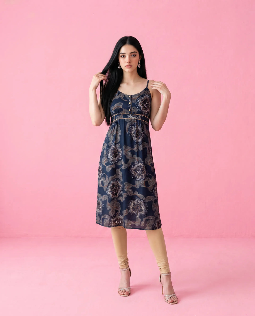 Navy Printed Viscose Blended Spaghetti Strap Straight Cut Long Kurta