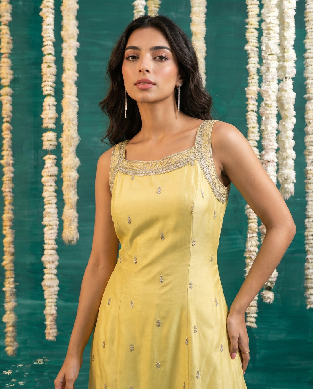 Yellow Embroidered Viscose Blended  Sleeveless Straight cut Long Kurta