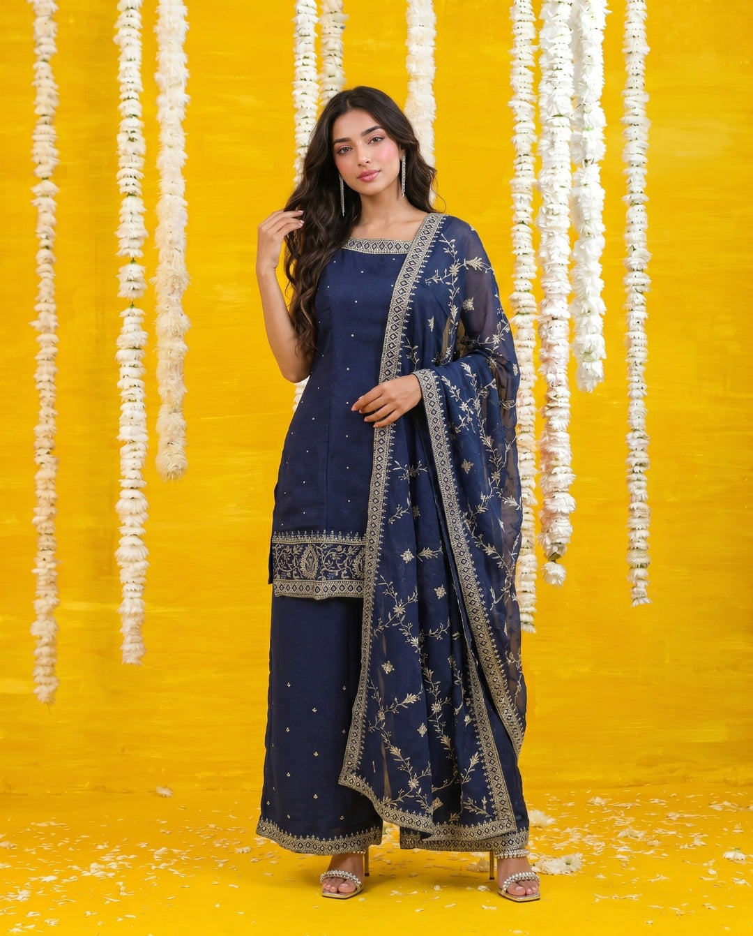 Navy Embriodered Silk Blended Sleeveless Kurta Bottom Dupatta Set