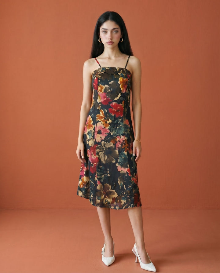 Black Printed Silk Blended Midi Dress