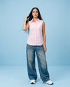 Pink Solid Cotton Satin Sleeveless Top