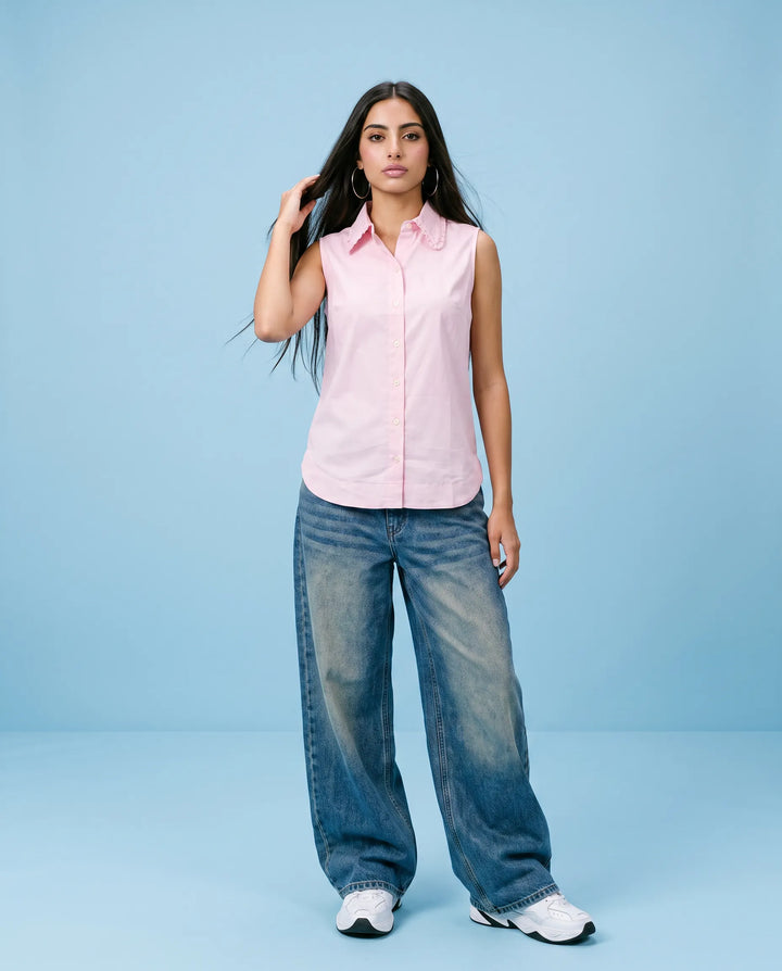 Pink Solid Cotton Satin Sleeveless Top