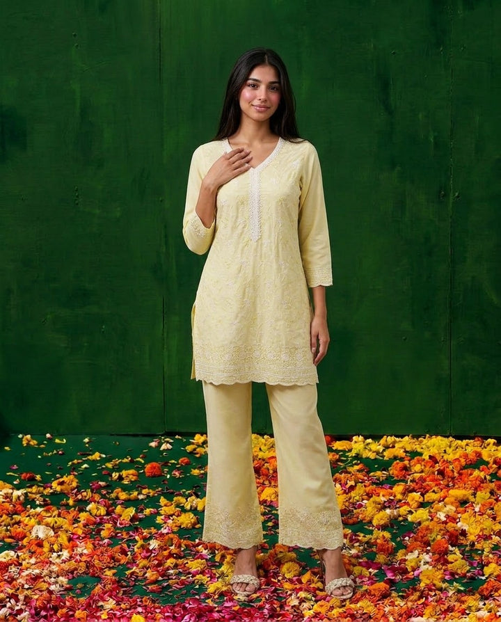 Yellow Embriodered Cotton Satin Co-Ord Set