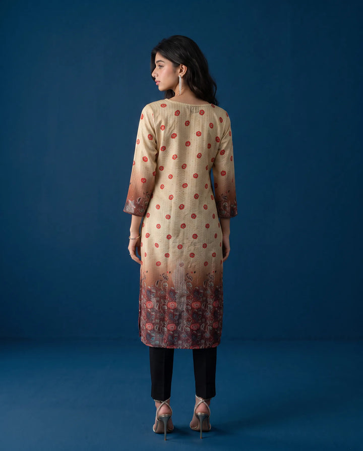 Beige Printed Viscose Blended Straight Cut Long Kurta