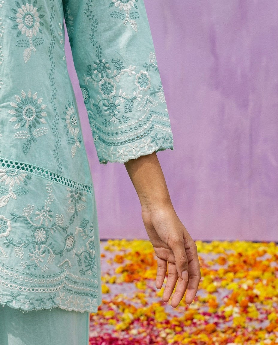 Sea Green Embroidered Cotton Satin Co-Ord Set